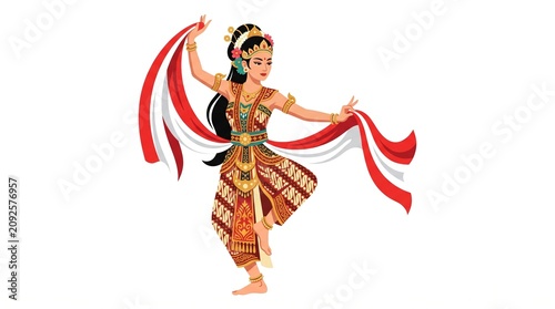 Graceful Indonesian Traditional Dancer Waving Red and White Flag Shawl