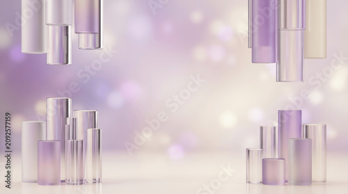 Cylinders of clear glass create a minimalist display platform for products.