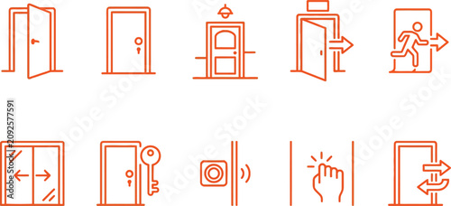Collection of door and entrance outline icons for building access and security system concepts