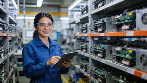 Smiling woman worker checking machine components in a well-organized manufacturing warehouse.