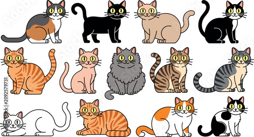 Fotografie Cute Cartoon Cat Vector Set with Different Breeds, Colors and Poses, Calico, Bla