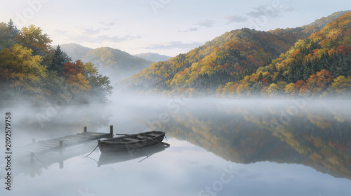 Boat floats on misty lake.