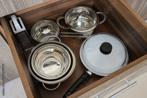 Konstfotografi Kitchen drawer filled with metal cookware