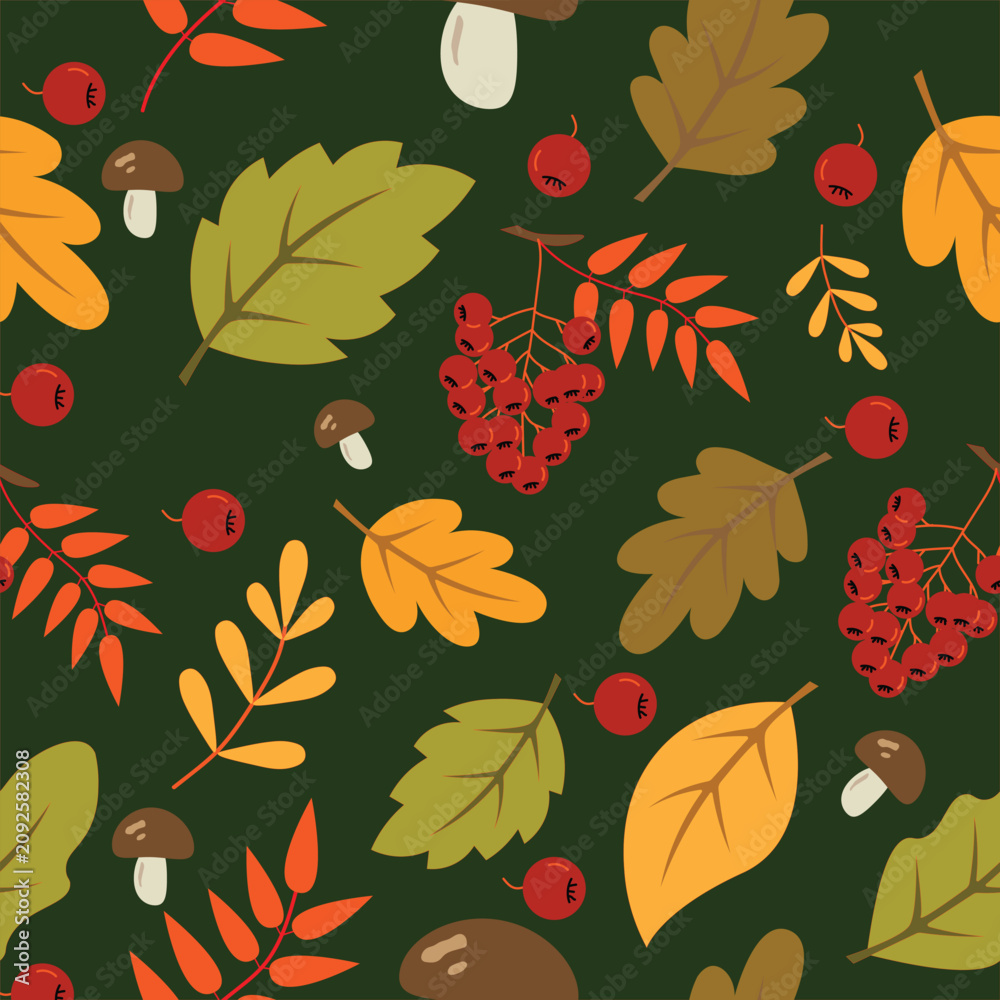 Fototapeta premium Autumn seamless pattern with colorful leaves, mushrooms and berries on dark green background