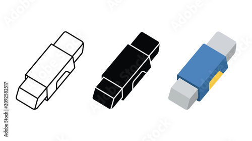 Set of three pencil eraser icons in outline solid and color isometric styles Vector