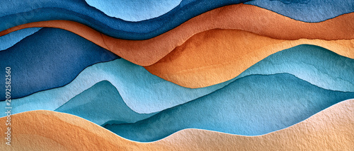 > Paisagem abstrata com ondas de papel aquarela em camadas nos tons azul e terracota