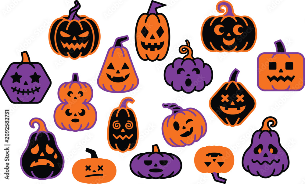 Fototapeta premium Cute Halloween Pumpkin Characters Collection, Kawaii Jack O Lantern Faces Set, Funny Cartoon Pumpkin Vector Clipart Bundle