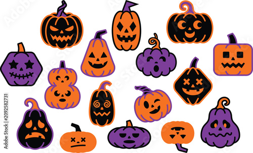 Cute Halloween Pumpkin Characters Collection, Kawaii Jack O Lantern Faces Set, Funny Cartoon Pumpkin Vector Clipart Bundle