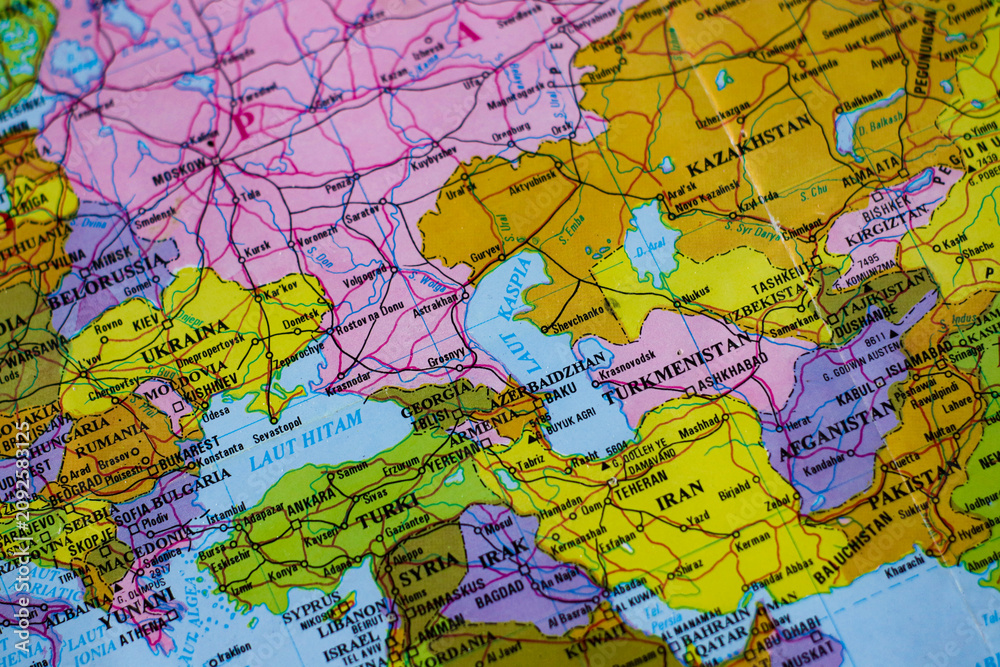 Fototapeta premium Map of the Caspian Sea region and surrounding countries, close up geographic or political atlas illustration.