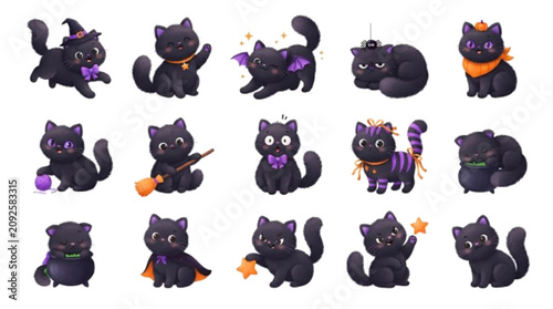 Фотография 25 colorful fluffy Halloween black cats with soft rounded fur shapes, bushy tails, expressive faces, playful poses, adorable proportions, and charming Halloween personalities
