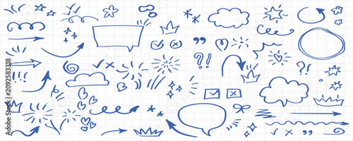 Hand-drawn blue ink doodle set on graph paper, including arrows, speech bubbles, hearts, stars, crowns, checkmarks, and various decorative symbols
