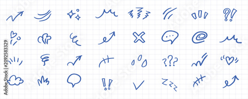 Hand-drawn blue ink doodle set, including arrows, hearts, speech bubbles, question marks, and abstract shapes on a white grid paper background