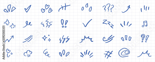 Hand-drawn blue ink doodle set, including checkmarks, hearts, question marks, arrows, and emotional expression symbols on grid paper background