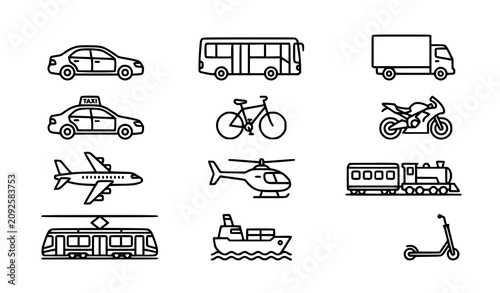 Minimal transportation thin line icon set with car bus train airplane and vehicle symbols vector eps10