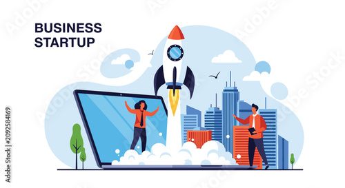 Business startup concept with a rocket launching from a laptop screen in a modern city skyline representing growth and innovation.