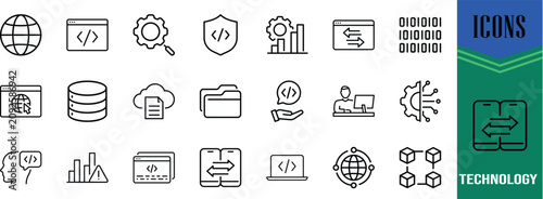 Technology development vector icons. globe icon set, database icon set, code icon set