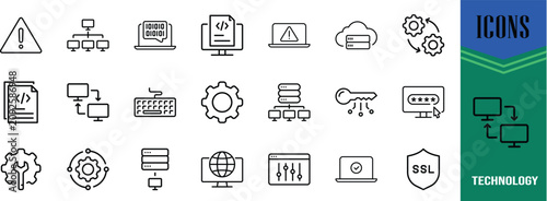 Technology network server computer icons. server icon set, keyboard icon set, code icon set