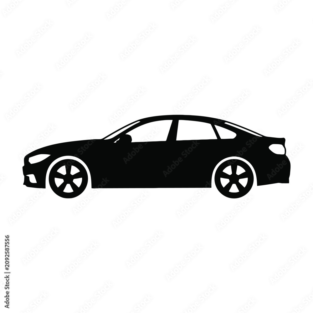 Fototapeta premium A simple black silhouette of a modern sedan car on white