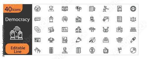 Democracy Line Icon Pack, Voting, Ballot Box, Election Process, Civic Rights, Government, Editable Stroke, Pixel Perfect, Outline Vector Icons
