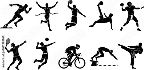 Fotografie Sports and Athletic Silhouette Set featuring Running Basketball Soccer Football