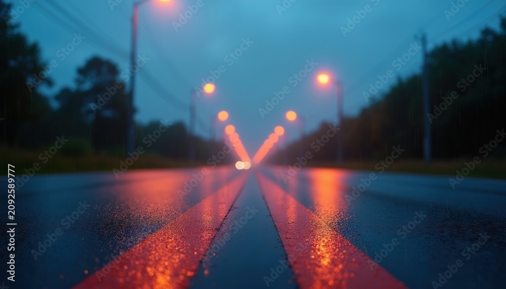 Naklejka premium Rainy asphalt road surface reflects glowing orange street lights during evening twilight. Empty highway stretches into dark blue horizon under cloudy sky. Wet pavement shows perspective lines from