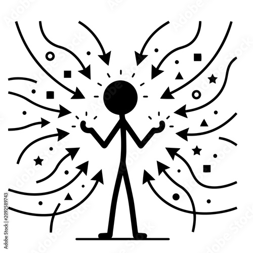 Obraz na plátně Stick figure surrounded by abstract geometric icons and inward pointing arrows w