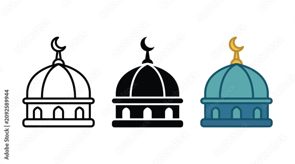 Obraz premium Set of mosque dome icons with crescent moon in outline solid and colorful styles Vector
