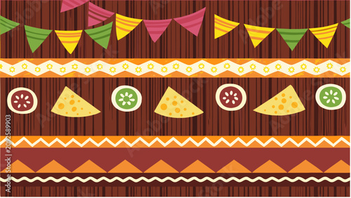 Festive mexican themed decorative border with nachos and colorful bunting flags for celebration backgrounds and graphic design projects for events