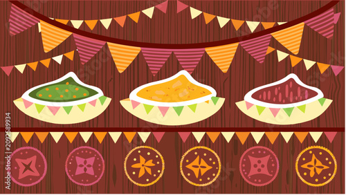 Festive celebration background with bowls of colorful powder and decorative bunting flags arranged on a rich dark brown textured wooden backdrop design
