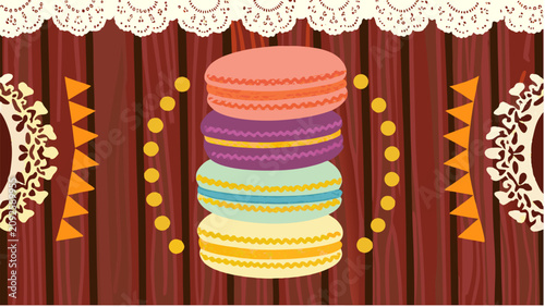 Vibrant stack of colorful french macarons with decorative lace and geometric patterns on a rich deep red textured background for sweet confectionery
