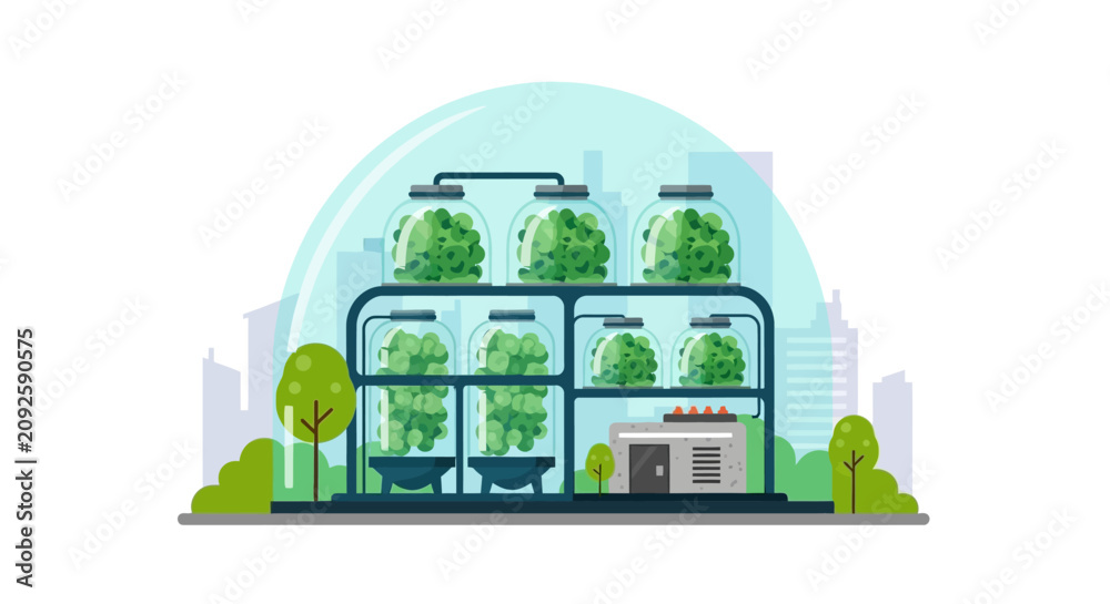 Fototapeta premium Modern Urban Vertical Farming System Illustration in Glass Dome, Sustainable Agriculture and Agrotechnology Concept with City Skyline Background