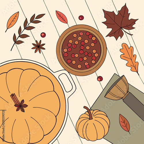 Autumn Harvest Scene with Pumpkins, Leaves, and Hot Drink