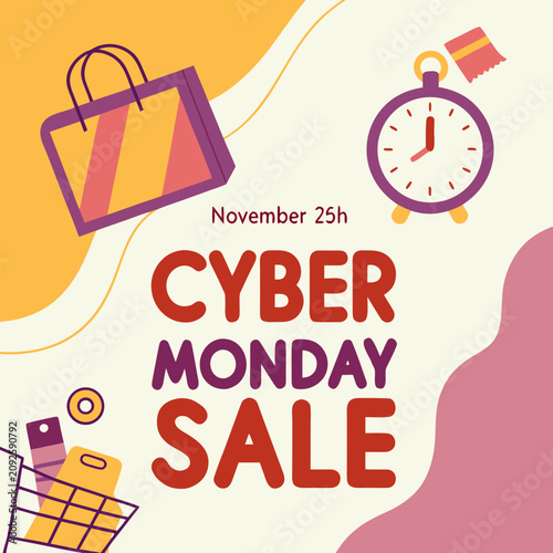 Cyber Monday Sale Promotion with Shopping Bag and Clock