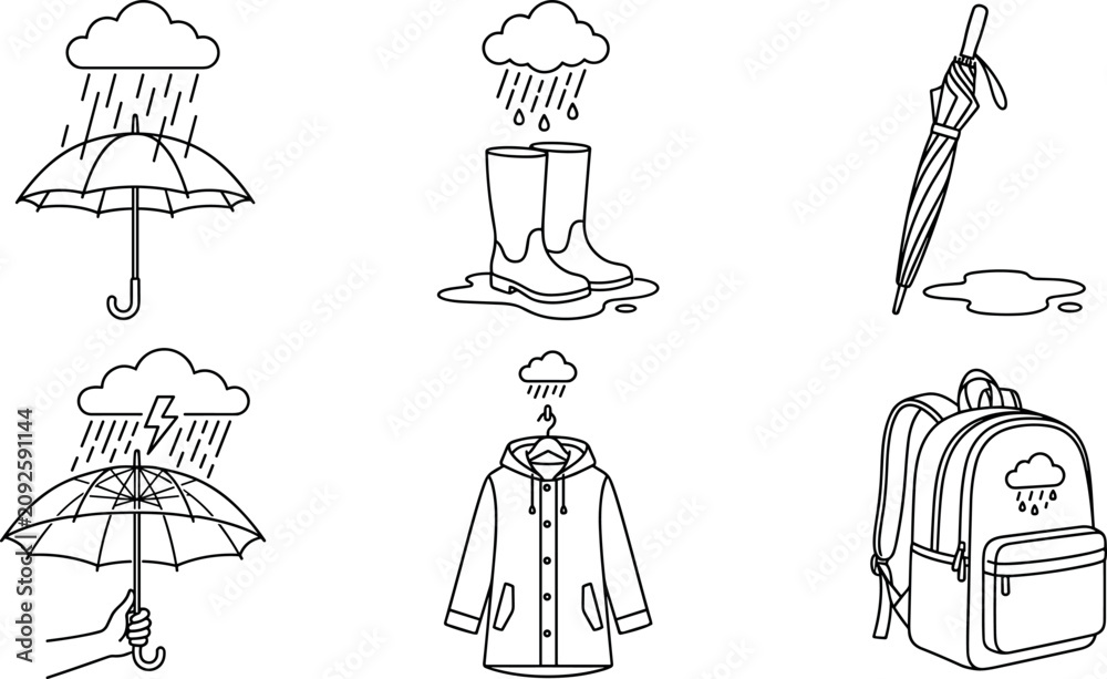 Fototapeta premium Rainy Day Fashion Essentials Line Art Icon Set featuring Umbrella, Raincoats, Waterproof Boots, and School Backpack for Monsoon Weather Graphic Designs