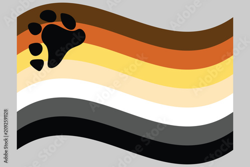 Foto International Bear Brotherhood Flag, LGBT community, seven equally sized horizontal stripes: dark brown, orange rust, golden yellow, tan, white, grey, and black, with a bear paw
