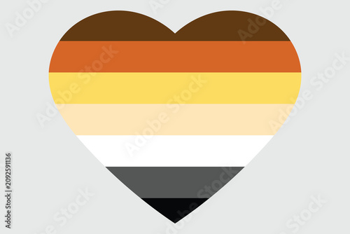 Foto International Bear Brotherhood Flag, LGBT community, seven equally sized horizontal stripes: dark brown, orange rust, golden yellow, tan, white, grey, and black, with a bear paw