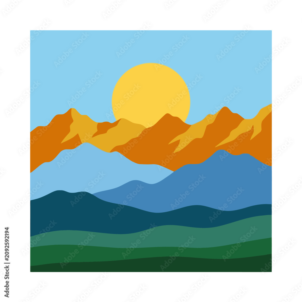 Fototapeta premium A vibrant flat illustration of a golden sun over mountains