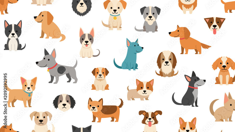 Fototapeta premium Seamless pattern displays a diverse collection of colorful cartoon dog breeds on a white background creating a fun texture for pet design.