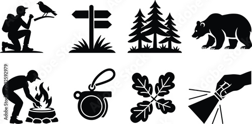 Cuadro en lienzo Forest hiking adventure wildlife scouting and wilderness survival gear vector ic