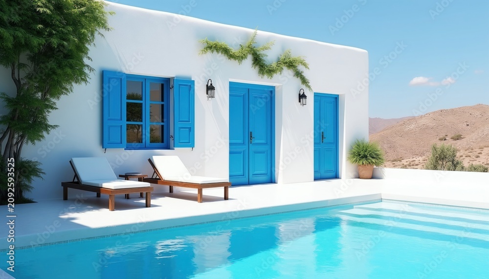 Fototapeta premium White villa facade with bright blue doors, window shutters sits by sparkling swimming pool. Mediterranean resort terrace features wooden sun loungers under sunny sky. Exterior house design displays