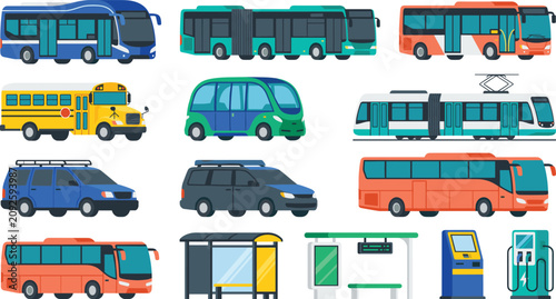 Public Transportation Vehicle Collection Vector Set with Buses Vans Transit Stations and Mobility Icons