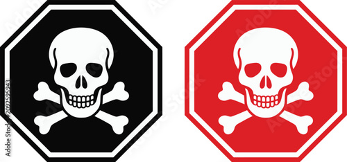 Schilderij op canvas Skull and crossbones danger warning signs set in black and red octagonal shapes