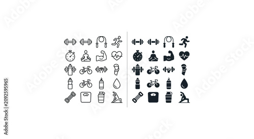 Fitness and health icons set outline and solid fill versions.