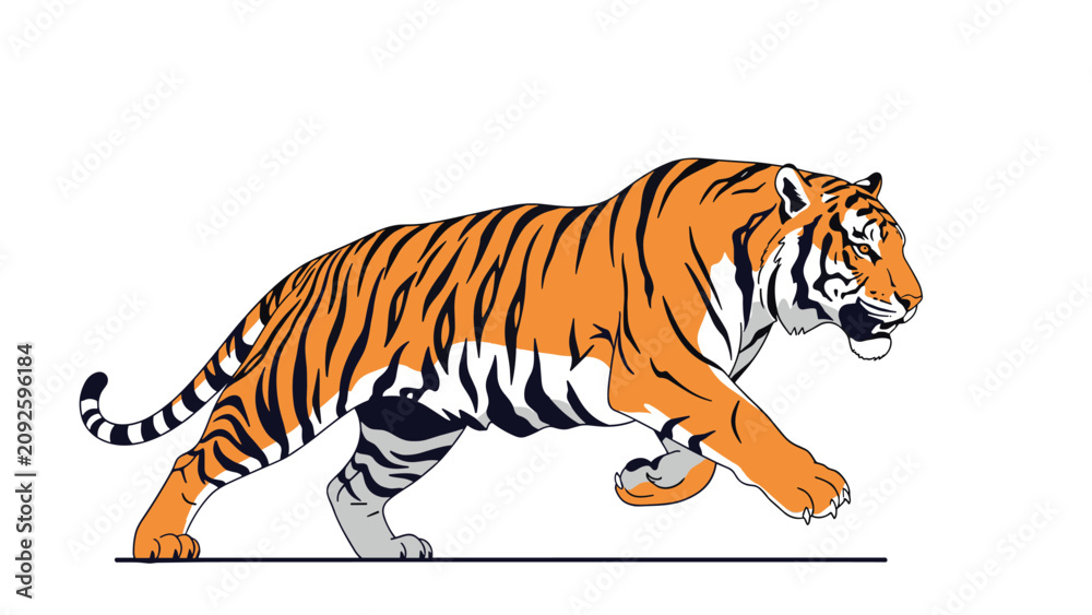 Obraz premium Powerful illustration of a tiger in a running pose showing its muscular build and iconic orange and black striped fur.