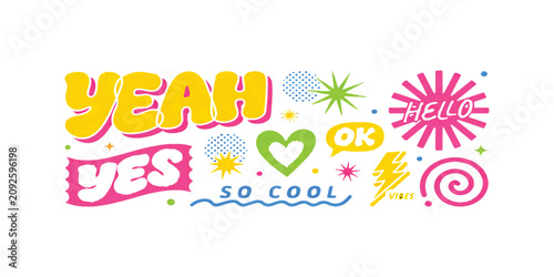 Photos Colorful retro sticker set with text elements like yeah yes ok and cool graphic