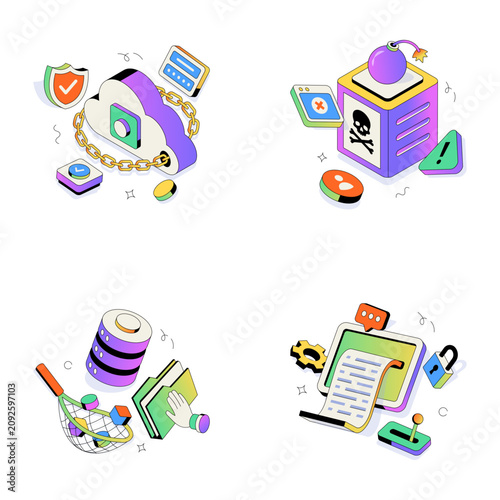 Flat cybersecurity illustrations highlighting cyber attacks, cloud defense, critical threats, and data loss prevention for secure digital environments. 

