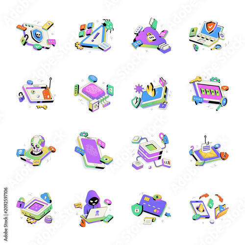 Flat cybersecurity illustrations featuring digital protection, cloud security, authentication, hacking, payment security, phishing, secure devices, and data privacy concepts. 

