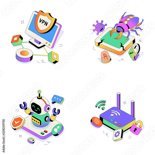 Flat illustrations featuring document protection, VPN privacy, malicious data extraction, robotic cybersecurity, and network security concepts. 

