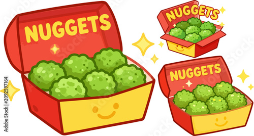Cartoon nuggets, chicken nuggets, fast food, vector icons, colorful boxes