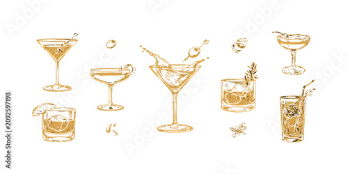 Set of hand drawn cocktail glasses with various drinks and garnishes in watercolor style